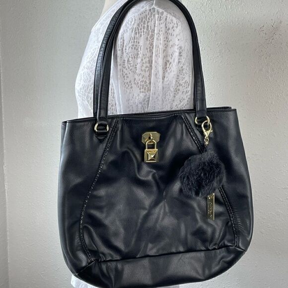 EUC Nicole By Nicole Miller Womens Black Faux Leather Shoulder Bag - Picture 1 of 6